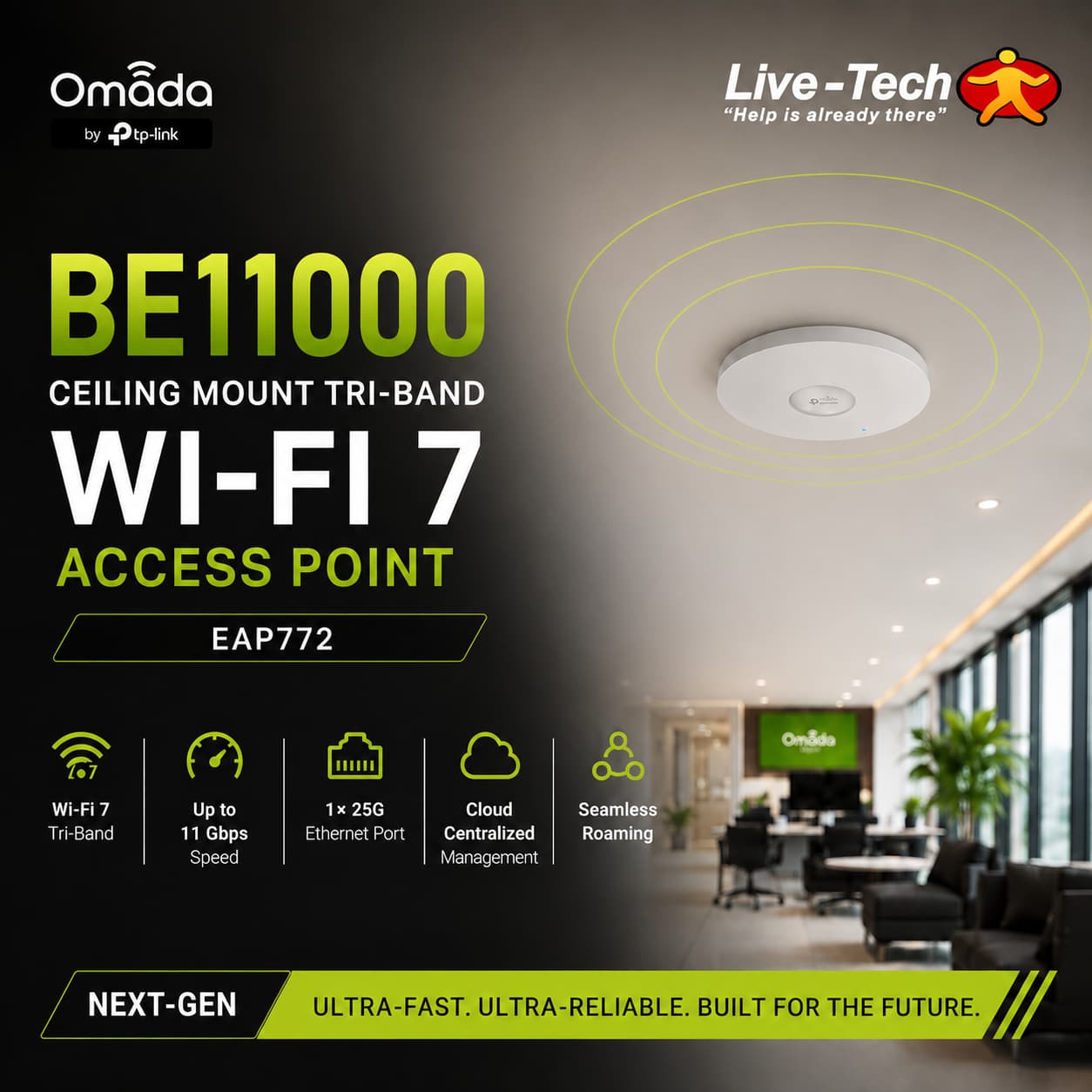 Omada BE11000 Ceiling Mount Tri-Band Wi-Fi 7 Access Point with 1x2.5G port, EAP772